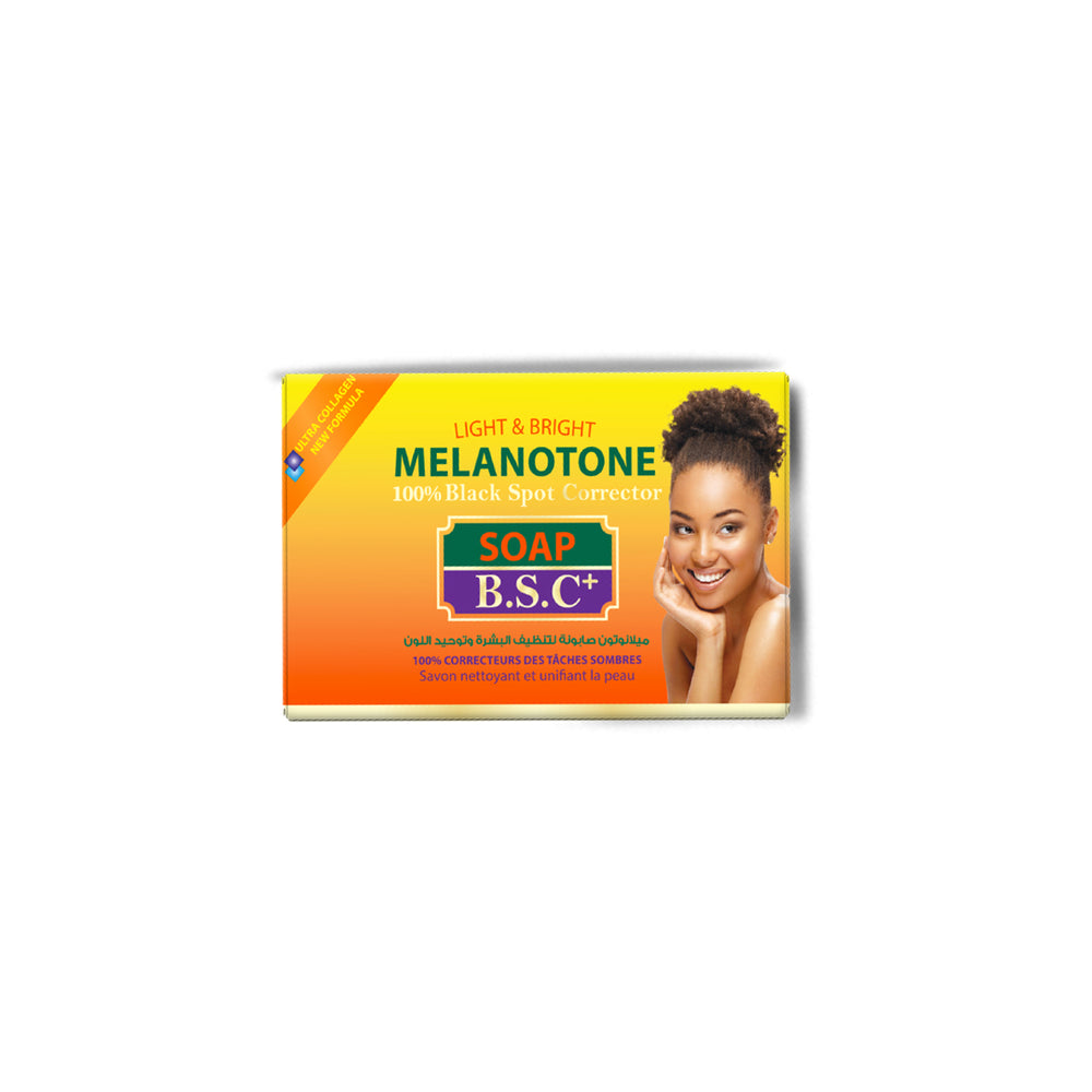 Box of Melanotone soap with a woman's face on the packaging against a white background