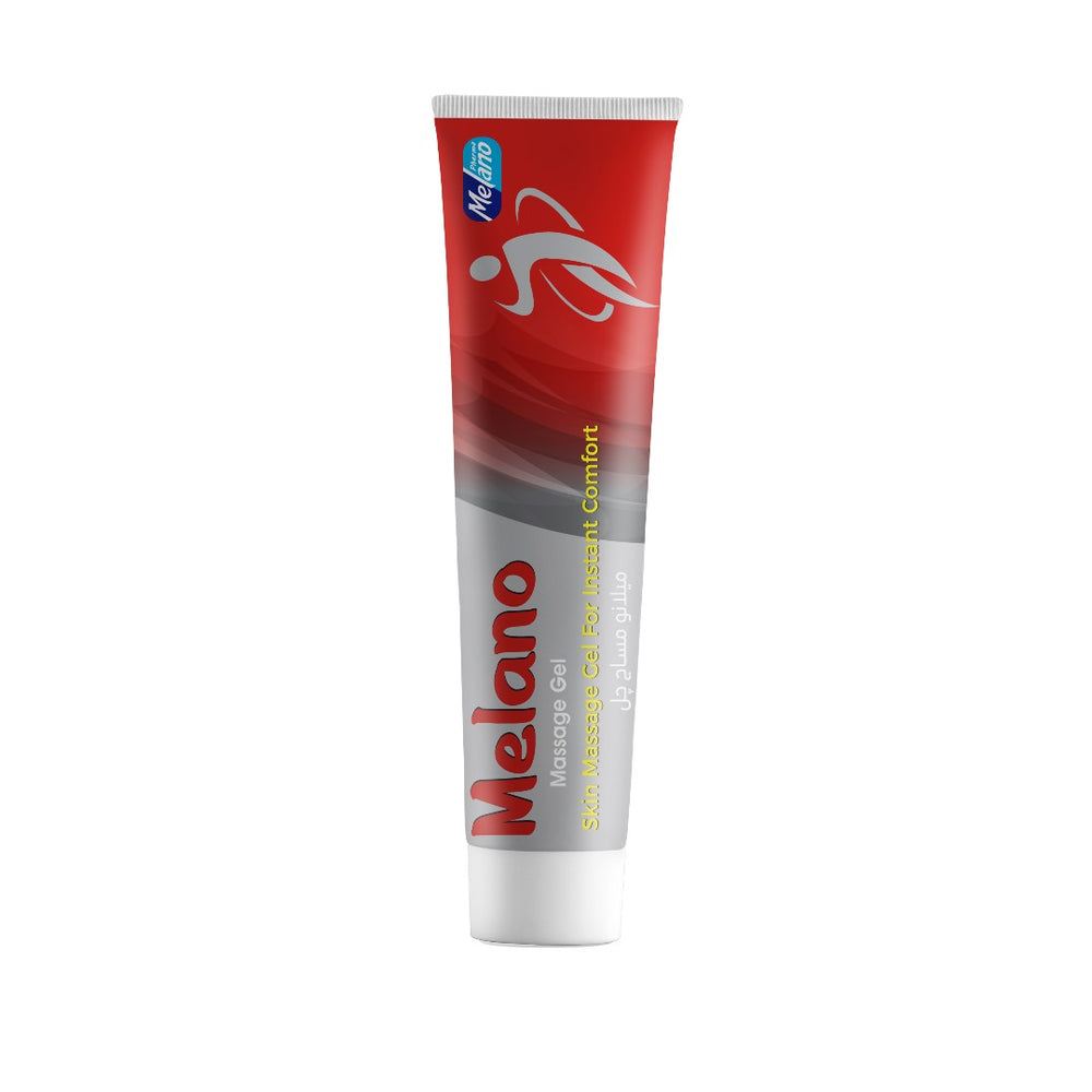Red and white tube of Melano massage gel on a white background